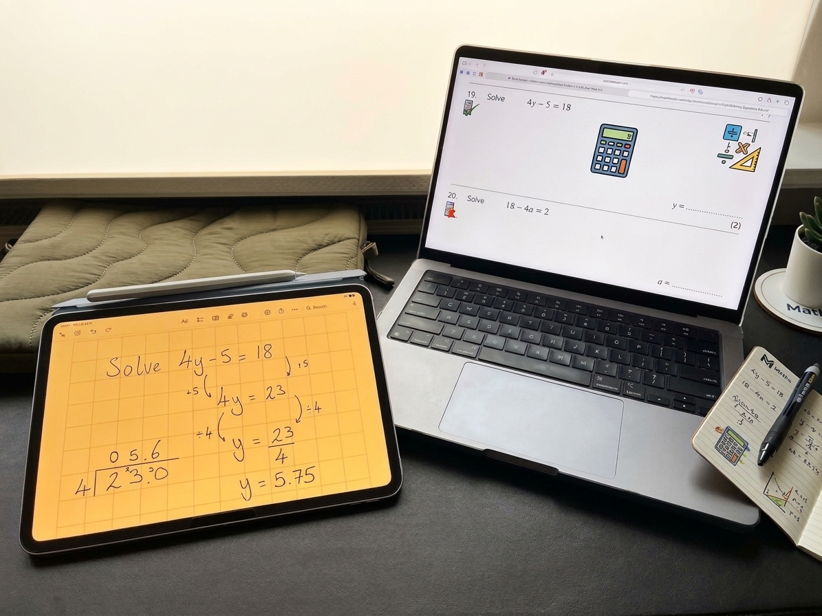 Tuition desk setup with laptop, iPad, and study materials